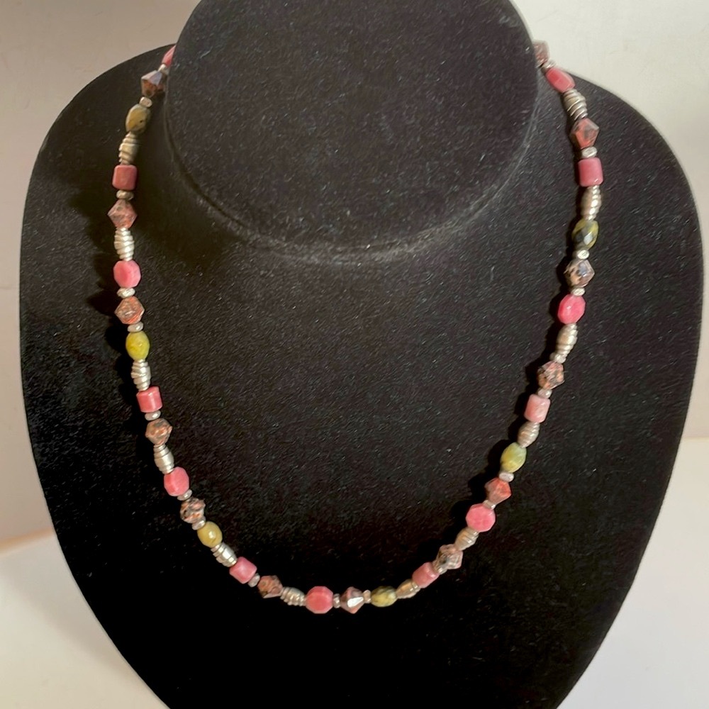Rhodochrosite, Green Turquoise and Thai Silver Necklace